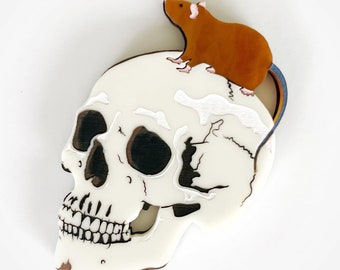 Ivory Skull with Brown Rat on top brooch layered laser cut acrylic