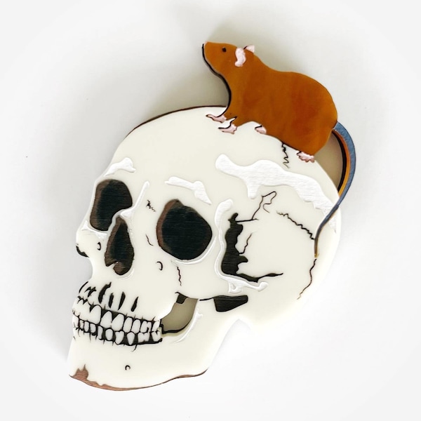 Ivory Skull with Brown Rat on top brooch layered laser cut acrylic