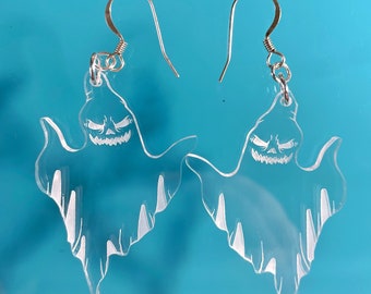 Spooky Ghost Earrings - Dangle Earing - Clear Engraved Acrylic - Halloween Scary Dressup