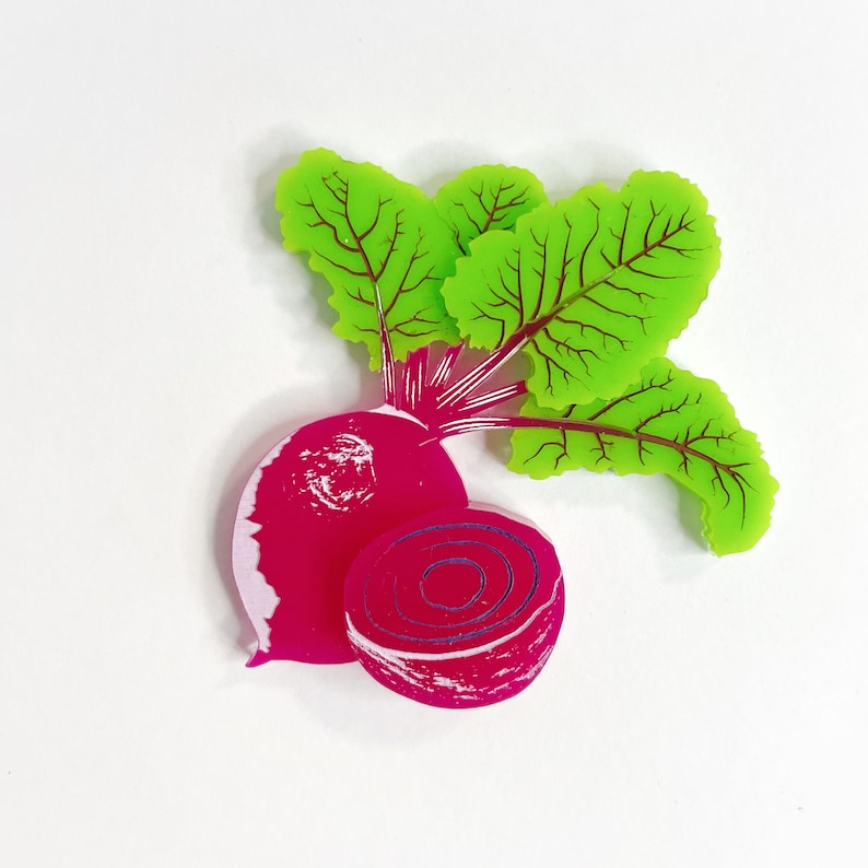 Beetroot Autumn Harvest cute multicolored Beetroot brooch featuring layered laser cut acrylic image 1