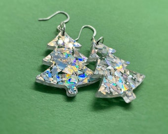 Christmas tree drop dangle earrings - holographic silver party glitter