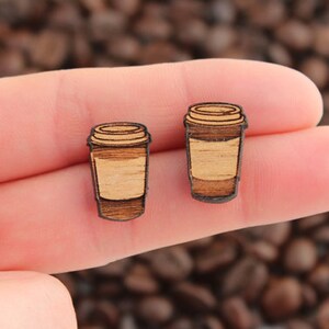 Wood laser cut earrings studs takeaway coffee latte cup image 1