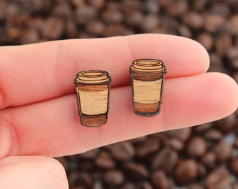 Wood laser cut earrings studs takeaway coffee latte cup