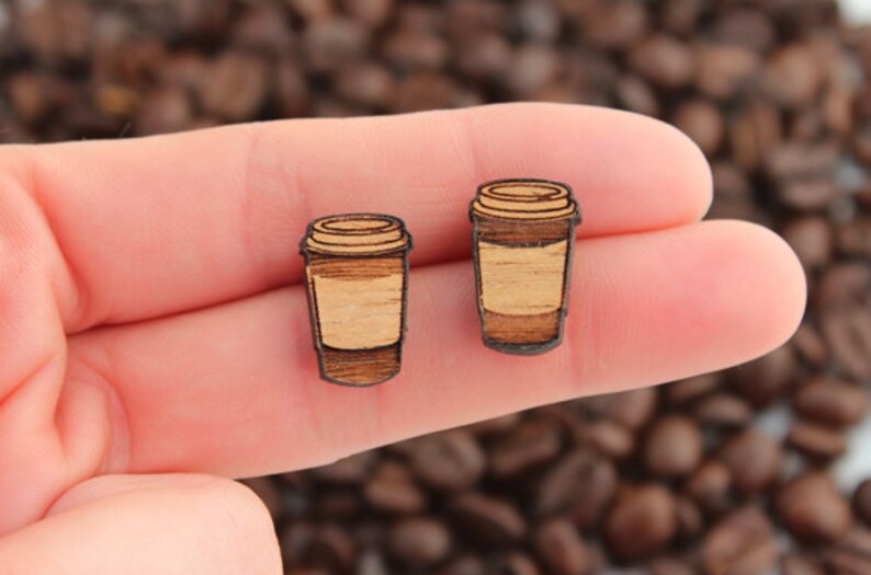 Wood laser cut earrings studs takeaway coffee latte cup image 1