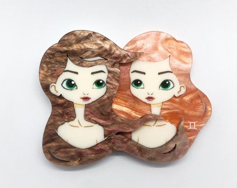 Gemini "Polly and Cass " Twin ladies with brown and ginger hair Star Sign Horoscope Laser cut acrylic brooch
