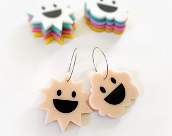 Smiley Weather Earrings - Sun and Cloud Hoop Earings - Acrylic - Funky Cool Summer Vibes - MULTIPLE COLOURS