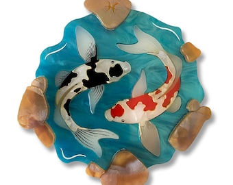 Piscis "Koi Fish Pond" Horóscopo del signo estelar Broche acrílico cortado con láser Rojo y Negro