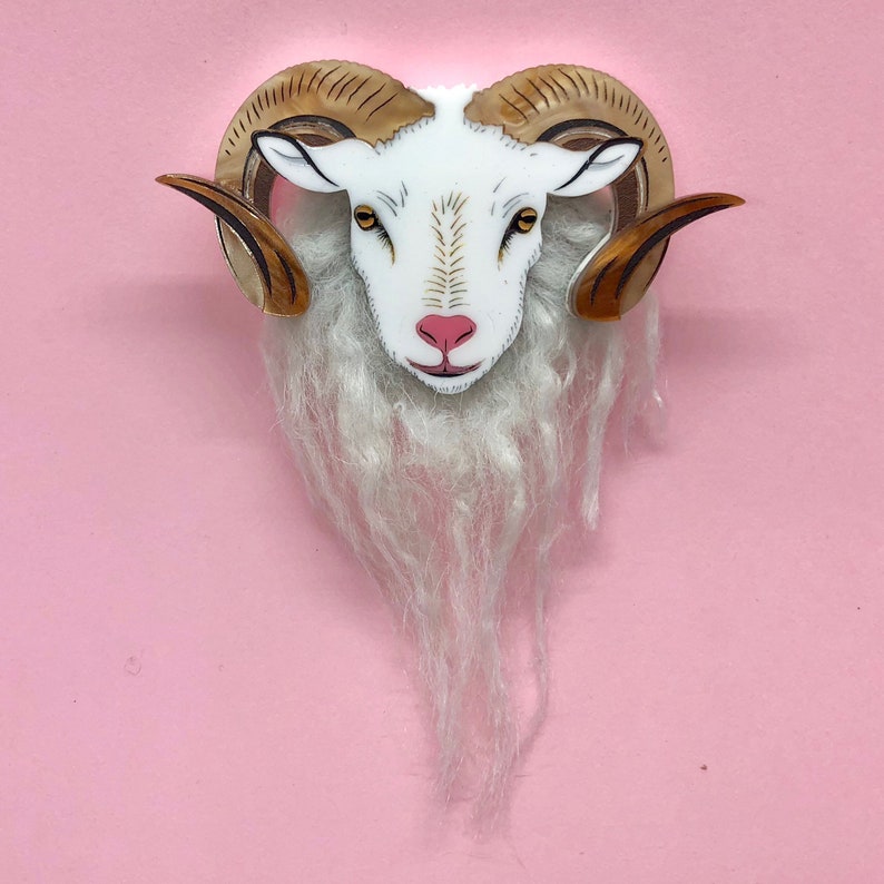 Aries Laser cut white acrylic and grey faux fur Norwegian ram sheep brooch star sign zodiac image 3