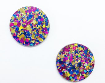 Multicolour premium large speckle glitter Acrylic / perspex laser cut earrings round circle studs