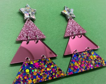 Pink Christmas tree drop dangle earrings - topped off with holographic star acrylic