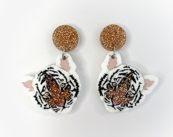 BIG CATS COLLECTION - Baby Tiger Cub Face Earrings, Acrylic Glitter, Beautiful Animal earrings - Handmade Lasercut Dangle