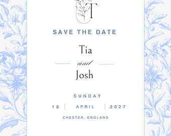 Plantilla para invitación de boda con diseño floral azul