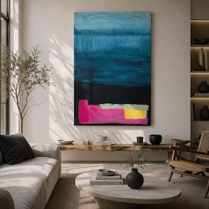 Large Abstract Painting Blue Pink Original Canvas – Modern Minimalist Wall Art – Contemporary Statement Artwork