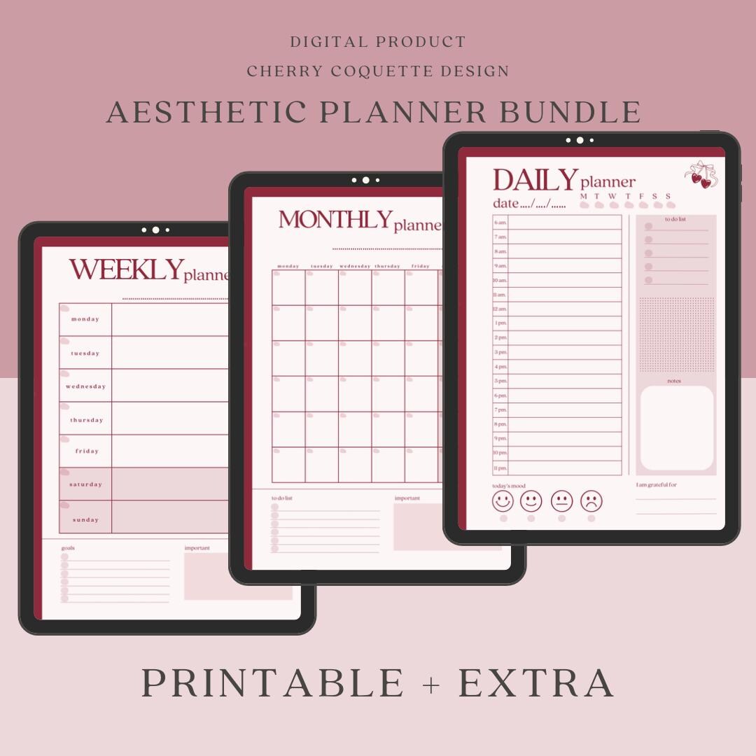 Cherry Bow Coquette Aesthetic Planner Bundle, Digital Daily Weekly ...
