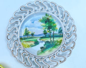 Assiette décorative en dentelle, 20 cm, motif paysage peint à la main, style Ucagco China, style vintage Japon occupé, bordure dorée