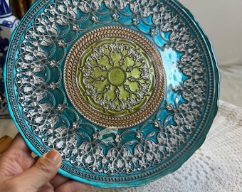 Vintage Turkish Topkapi Art Glass Cake Pedestal Plate Cupcake Stand 8.75 inch Scalloped Teal Gold Genuine Silver Reverse