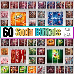 May include: A collection of 60 soda bottles, including brands like Dr. Pepper, Crush, Pepsi, and Coca-Cola. The bottles feature various designs and graphics, with the text "60 Soda Bottles" prominently displayed.