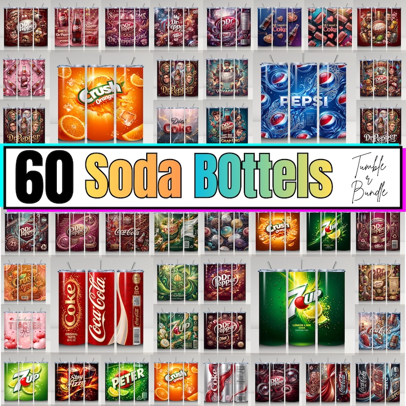 May include: A collection of 60 soda bottles, including brands like Dr. Pepper, Crush, Pepsi, and Coca-Cola. The bottles feature various designs and graphics, with the text "60 Soda Bottles" prominently displayed.
