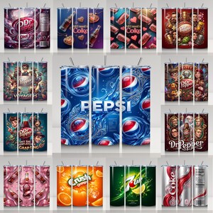 May include: A collection of insulated tumblers featuring various soda brands and designs. The tumblers showcase graphics of Dr. Pepper, Coca-Cola, Pepsi, Crush Orange, and 7-Up. Some designs include text like "All I need is Coke" and "Diet Coke".