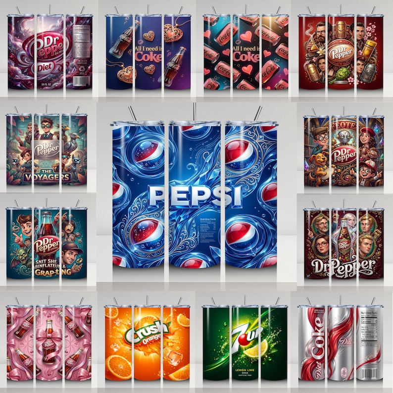 May include: A collection of insulated tumblers featuring various soda brands and designs. The tumblers showcase graphics of Dr. Pepper, Coca-Cola, Pepsi, Crush Orange, and 7-Up. Some designs include text like "All I need is Coke" and "Diet Coke".