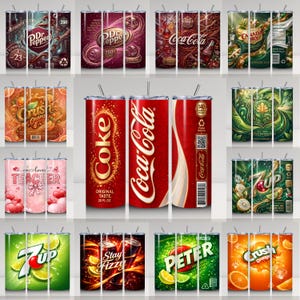 May include: A collection of stainless steel tumblers featuring various beverage brands and designs. Brands include Dr. Pepper, Coca-Cola, 7-Up, Crush, and others. Each tumbler has a straw and a unique graphic design, with some featuring text like "Teacher."