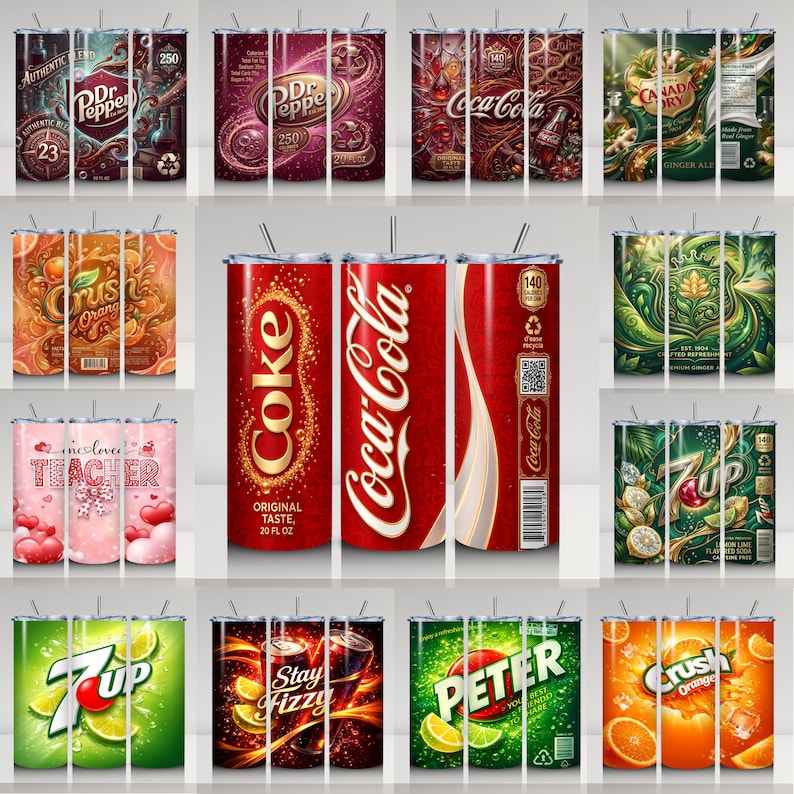 May include: A collection of stainless steel tumblers featuring various beverage brands and designs. Brands include Dr. Pepper, Coca-Cola, 7-Up, Crush, and others. Each tumbler has a straw and a unique graphic design, with some featuring text like "Teacher."