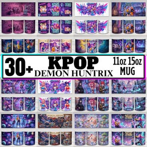 Peut inclure: Une collection de mugs KPOP Demon Huntrix avec divers motifs. Les mugs présentent des graphismes colorés et le texte "30+ KPOP Demon Huntrix MUG", disponibles en tailles 11oz et 15oz.