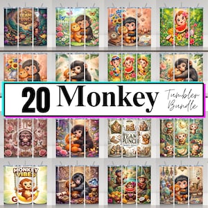 May include: A set of 20 tumbler designs with charming monkey illustrations. The designs include floral patterns, jungle settings, and playful monkey characters. The text "20 Monkey Tumbler Bundle" is visible across the image.