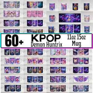 Peut inclure: Une collection de tasses en céramique blanches avec divers motifs colorés sur le thème de la KPOP. Les tasses présentent des illustrations de personnages, des notes de musique et le texte "Demon Huntrix". L'image comprend également le texte "60+ KPOP 11oz 15oz Mug".