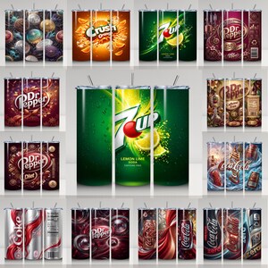 May include: A collection of stainless steel insulated tumblers with various designs. The tumblers feature graphics of soda brands like 7-Up, Coca-Cola, Dr. Pepper, and Crush Orange. Some tumblers have a silver straw.
