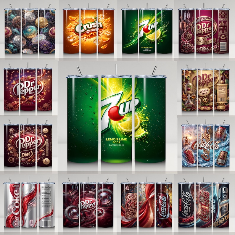May include: A collection of stainless steel insulated tumblers with various designs. The tumblers feature graphics of soda brands like 7-Up, Coca-Cola, Dr. Pepper, and Crush Orange. Some tumblers have a silver straw.