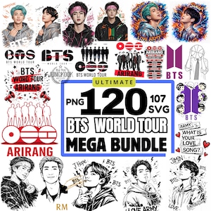 Op de afbeelding: Een verzameling digitale afbeeldingen met de Zuid-Koreaanse boyband BTS. De afbeeldingen bevatten portretten van de bandleden, logo's en tekstelementen zoals "BTS World Tour" en "Love Army". De bundel bevat 120 PNG- en 107 SVG-bestanden.