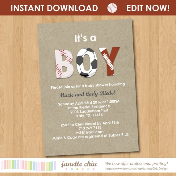 Sports BOY Baby Shower Invitation Digital Printable PDF Etsy