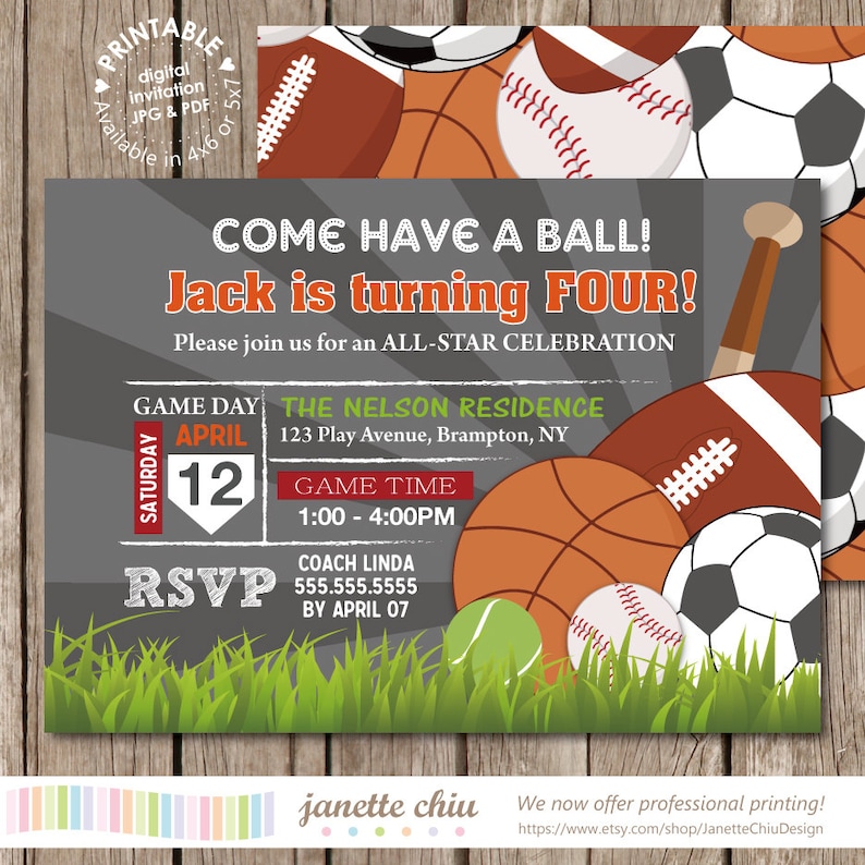Sports Balls Boy Birthday Party Invitation Digital Printable | Etsy