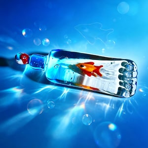 May include: A clear glass bottle containing a red and orange fish, set against a blue backdrop. The bottle, with a blue top, is approximately 15 cm long. Bubbles and light effects enhance the aquatic theme.