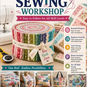 May include: A book cover titled The Ultimate Jelly Roll Sewing Workshop featuring a colorful fabric jelly roll, a rotary cutter, and various quilted items including a quilt, table runner, pillow, and tote bag, with text detailing project guides.