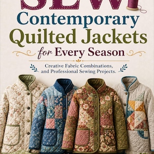 May include: A book cover titled Learn to SEW Contemporary Quilted Jackets for Every Season. Below the text are four quilted jackets with floral and geometric patterns, alongside fabric stacks, thread spools, a pincushion, and a measuring tape.