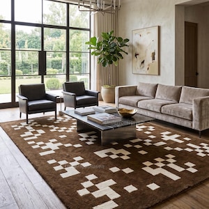 Pixel Art Matrix Area Rug | Retro Glitch Chocolate Brown Carpet | Geeky Gamer 8-Bit Cream Hand Tufted Rug