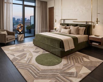 Modern Geometric Area Rug | Hand Tufted Neutral Taupe Carpet | Handmade Cubist Abstract Sage Green Beige Rug