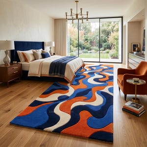 Retro Abstract Hallway Runner Rug | Groovy Orange Cobalt Blue Wave Carpet | Modern Mid Century Long Tufted Runner