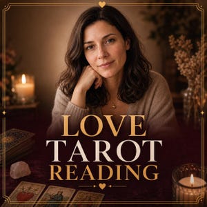 Op de afbeelding: Een afbeelding toont een vrouw met bruin haar en een neutrale trui met de tekst "LOVE TAROT READING". Er zijn ook tarotkaarten, kaarsen en een kristal aanwezig, wat een mystieke sfeer creëert. Het thema van de afbeelding is waarzeggerij en spiritualiteit.