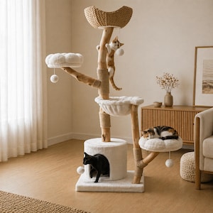 Natural Wood Cat Tree – Modern Multi-Level Condo with Cozy Beds, Basket