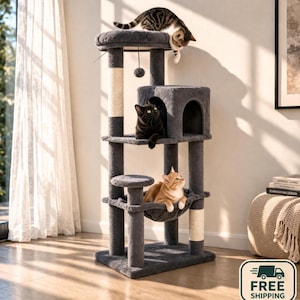 Dark Grey Multi-Level Cat Condo with Hammock & Scratching Posts – Modern Cat Tower for Play