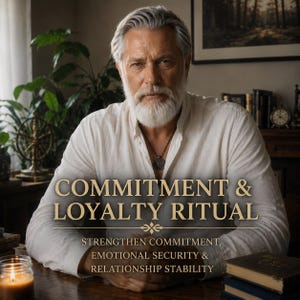 Könnte beinhalten: Ein älterer Mann mit weißem Bart und Haar ist der Mittelpunkt dieses Bildes. Der Text "COMMITMENT & LOYALTY RITUAL" ist in goldener Schrift dargestellt. Der Text darunter lautet "STRENGTHEN COMMITMENT, EMOTIONAL SECURITY & RELATIONSHIP STABILITY". Eine brennende Kerze ist im Vordergrund.
