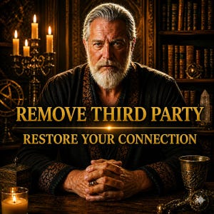 May include: An image featuring a man with a white beard, wearing a dark robe, and seated at a wooden table. The text "REMOVE THIRD PARTY" and "RESTORE YOUR CONNECTION" is displayed in gold lettering. Lit candles and a decorative chalice are also visible.