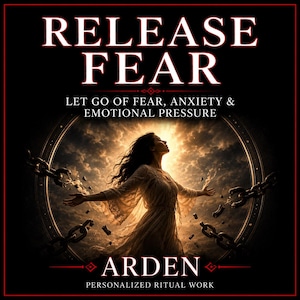 Op de afbeelding: Een zwarte grafische print met de witte tekst RELEASE FEAR, LET GO OF FEAR, ANXIETY & EMOTIONAL PRESSURE en ARDEN PERSONALIZED RITUAL WORK. In het midden breekt een figuur in een lichte jurk donkere metalen kettingen tegen een heldere lucht.