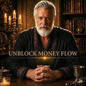 Op de afbeelding: Een man met een witte baard en grijs haar draagt een zwart overhemd met sierlijke randen. De tekst "UNBLOCK MONEY FLOW" wordt onderaan de afbeelding weergegeven. Kaarsen en boeken staan op de achtergrond.