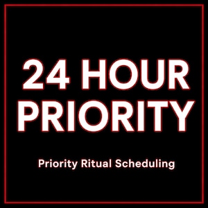 Peut inclure: Un graphique carré noir avec une fine bordure rouge. Le texte 24 HOUR PRIORITY est affiché en grandes lettres capitales blanches en gras avec un fin contour rouge. En dessous, le texte Priority Ritual Scheduling apparaît en police blanche.