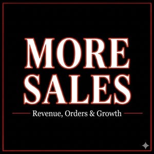 Puede incluir: Un gráfico cuadrado negro con un borde rojo fino. El texto MORE SALES se muestra en letras grandes blancas con remates y contorno rojo. Debajo, el texto Revenue, Orders & Growth aparece en una fuente blanca más pequeña entre dos líneas.