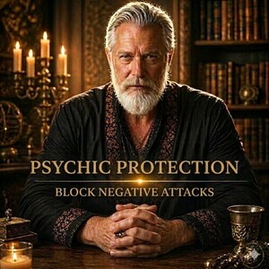 Può includere: Immagine di un uomo con barba bianca e capelli grigi, che indossa un abito nero ricamato. Il testo "PSYCHIC PROTECTION" e "BLOCK NEGATIVE ATTACKS" è visualizzato. Sono visibili candele e un calice.